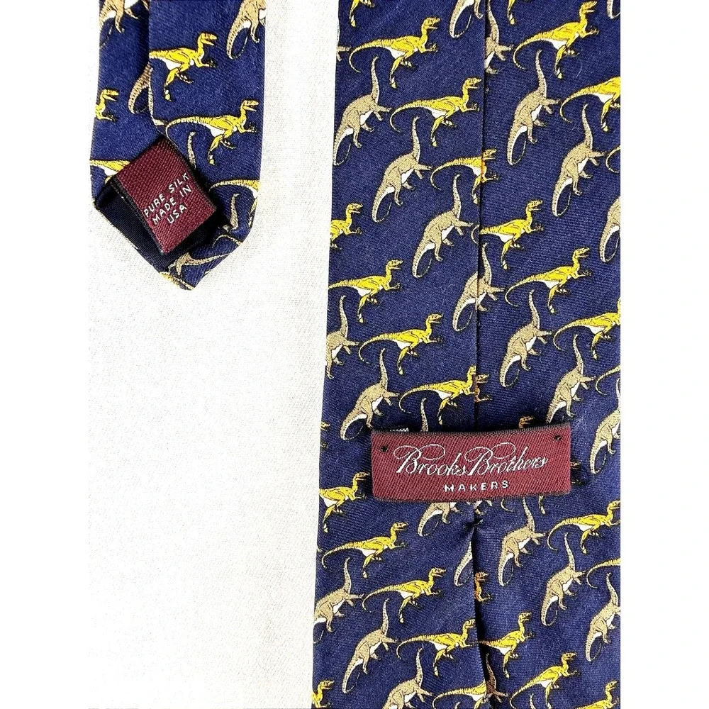 Brooks Brothers Pure Silk Dinosaur Necktie Navy Gold Preppy Novelty Old Money‎
